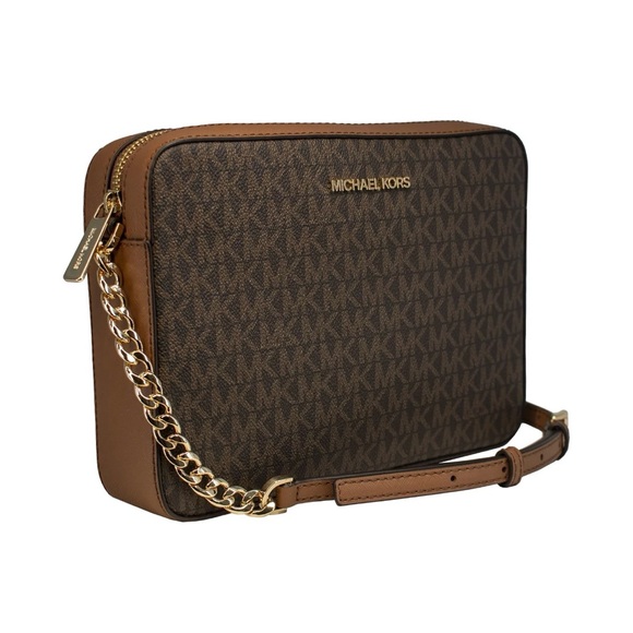 Michael Kors Jet Set Large East West Crossbody Saffiano Brown Signature/Gold - Picture 2 of 2